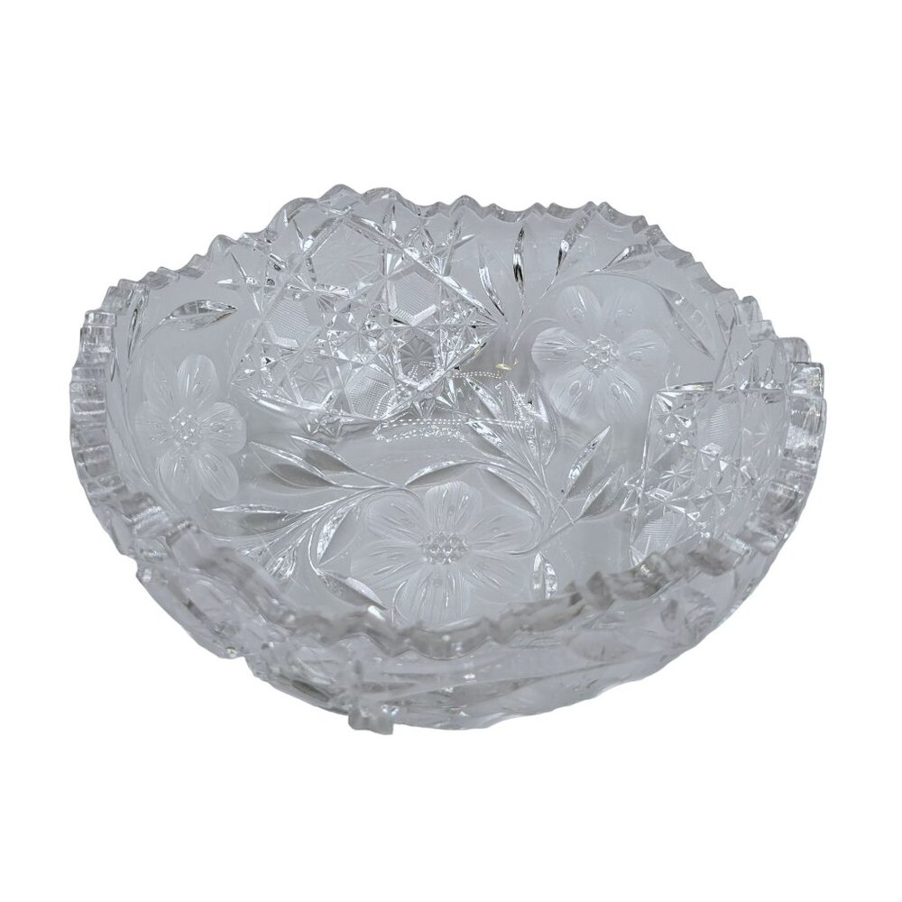 Crystal Serving Fruit Bowl Sawtooth Edge Flowers Hexagons Leaves Pressed Glass
